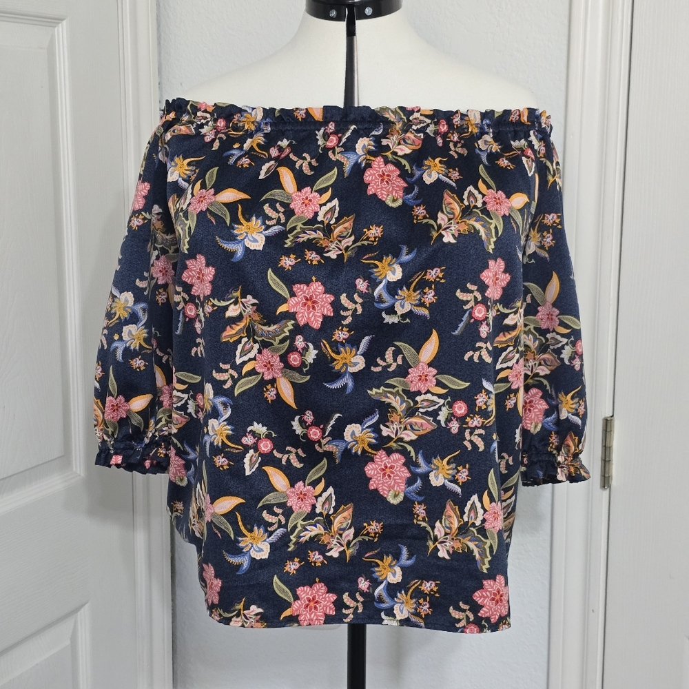 Sweet Rain Off Shoulder Floral Blouse Large Smocked Neckline Boho Romantic Chic